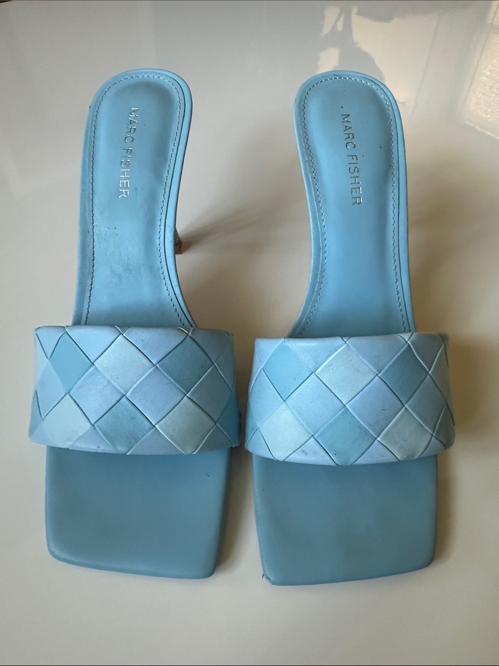 Marc Fisher Light Blue Woven Square-Toe Slide Heels